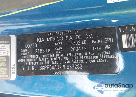 2023 Kia Forte Gt-Line z USA, uszkodzony, nr VIN 3KPF54AD2PE637283